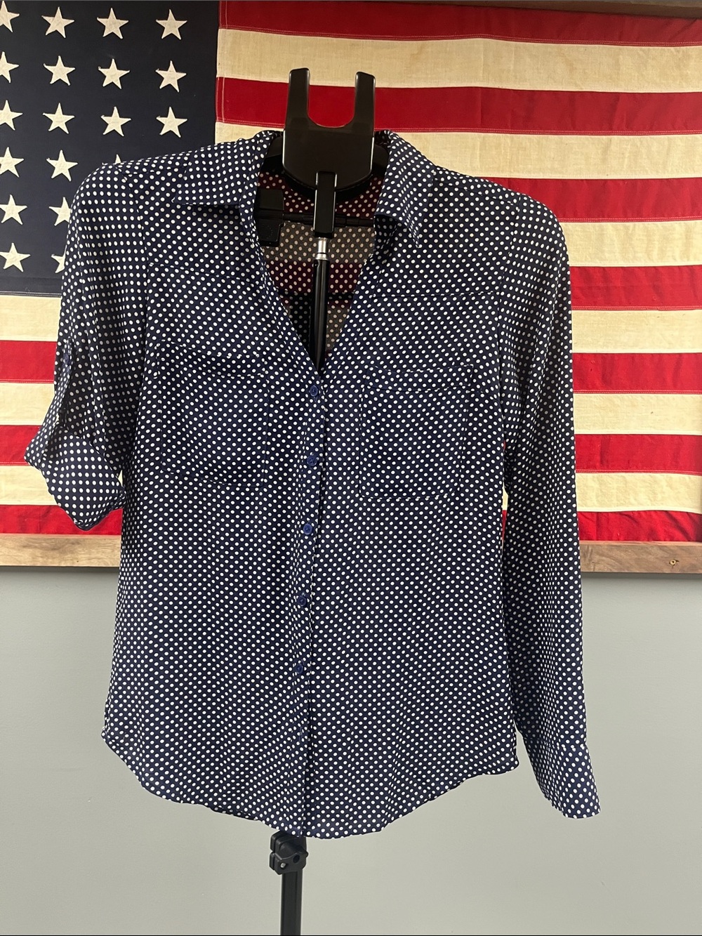 Express Navy Button-Down Blouse with White Polka Dots
